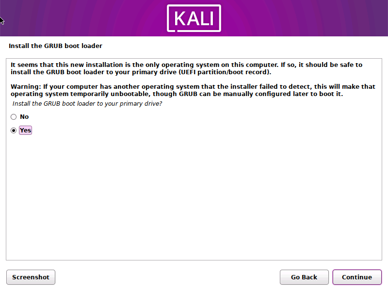 Kali Linux 2023.1 GRUB Installation